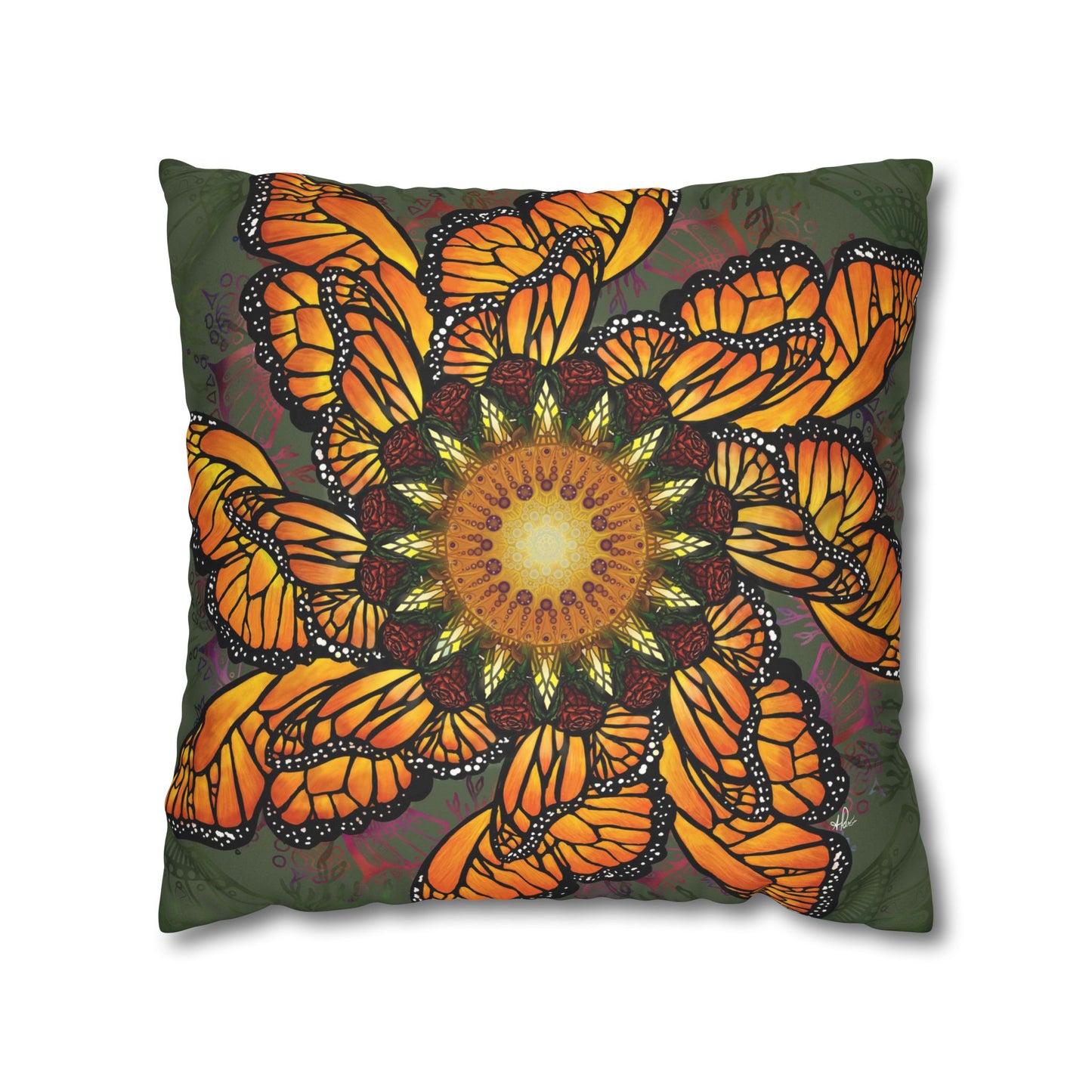Monarch Butterfly Mandala - Faux Suede Square Pillowcase