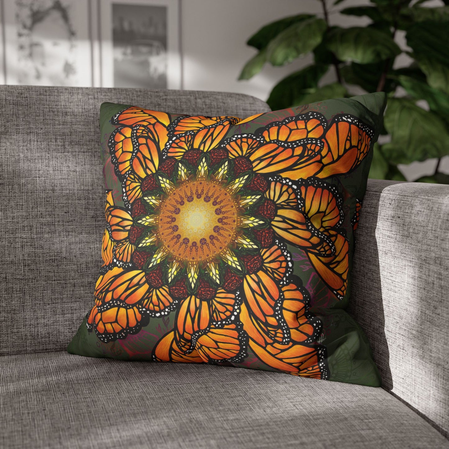 Monarch Butterfly Mandala - Faux Suede Square Pillowcase
