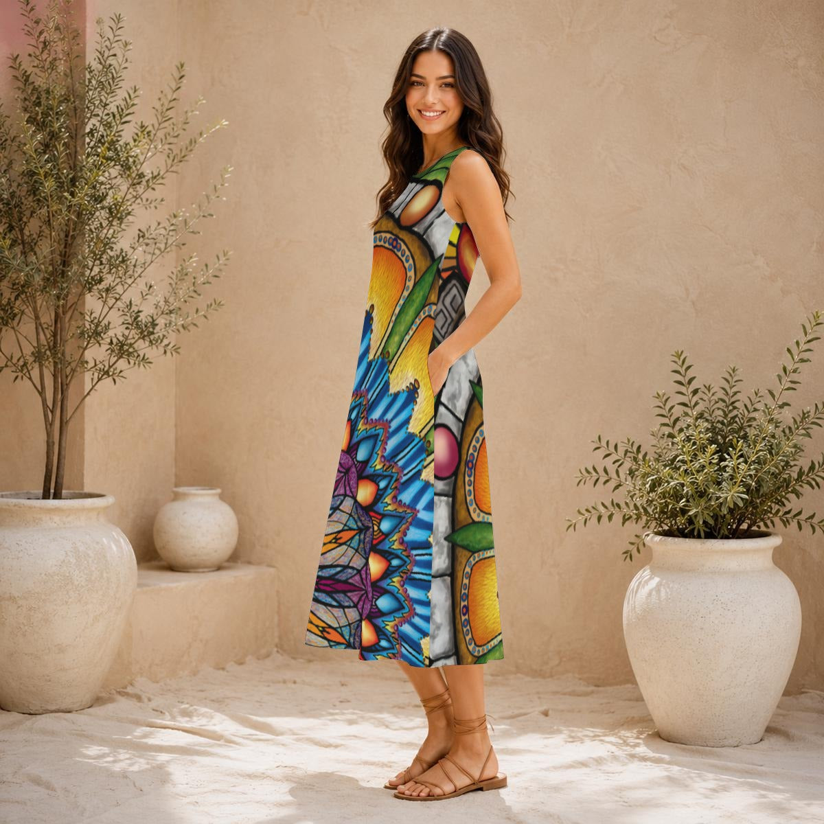 Emerald Arrows Mandala - Women's Sleeveless Dress With Pockets - 100% Cotton