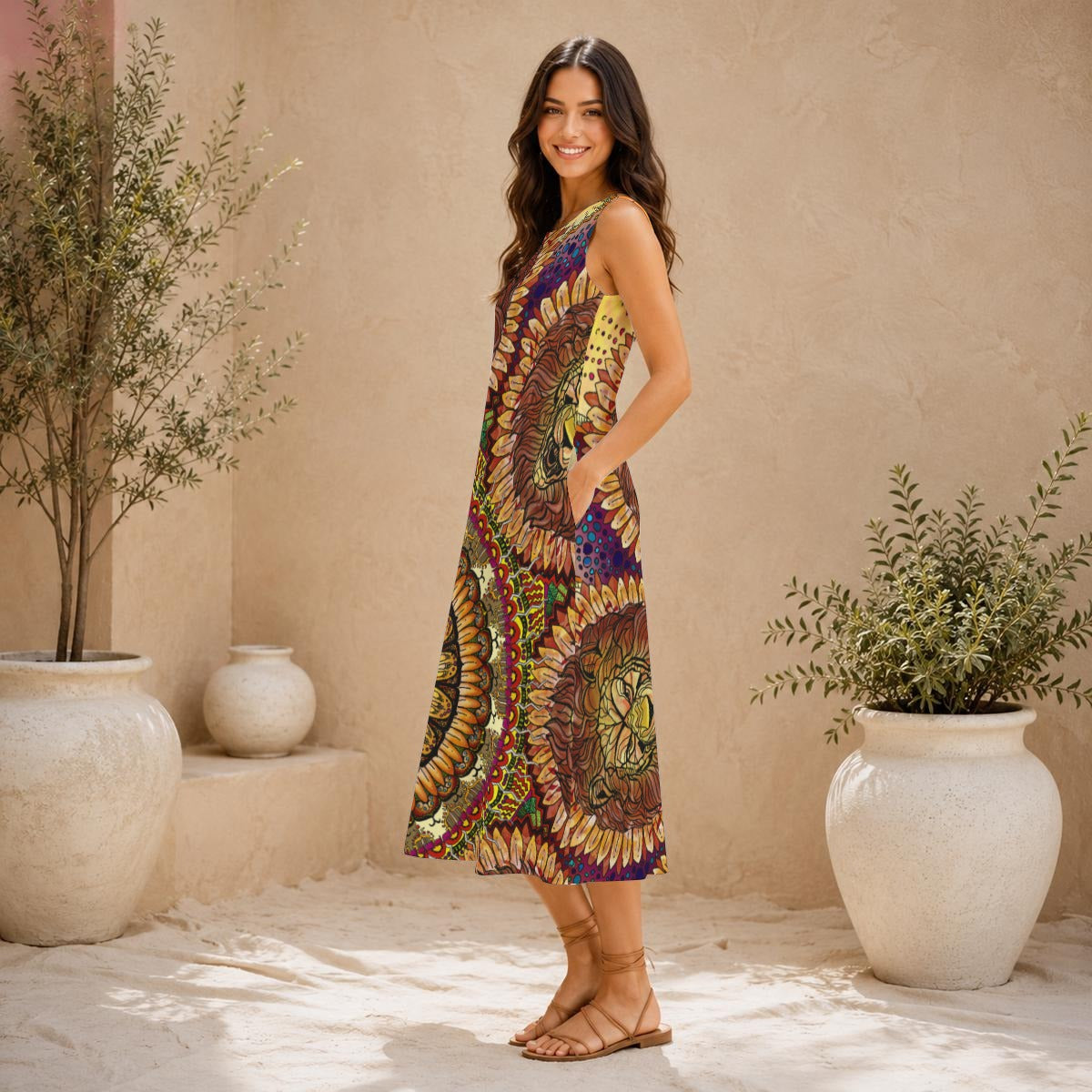 Lion Summer Mandala - Women's Sleeveless Dress With Pockets - 100% Cotton