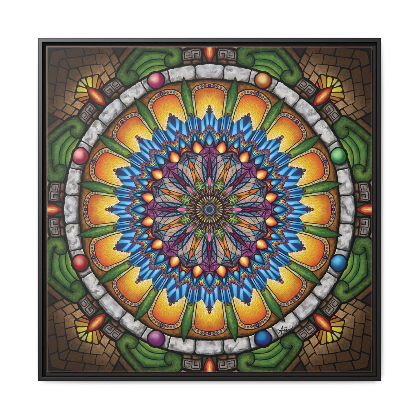 Emerald Arrows Mandala - Framed Matte Canvas